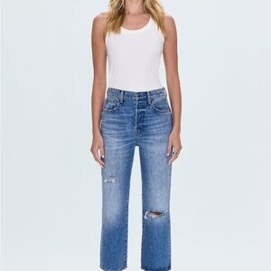 PISTOLA Women’s Sz 27 Cassie Crop High Waisted Straight Leg Distressed Blue Jean